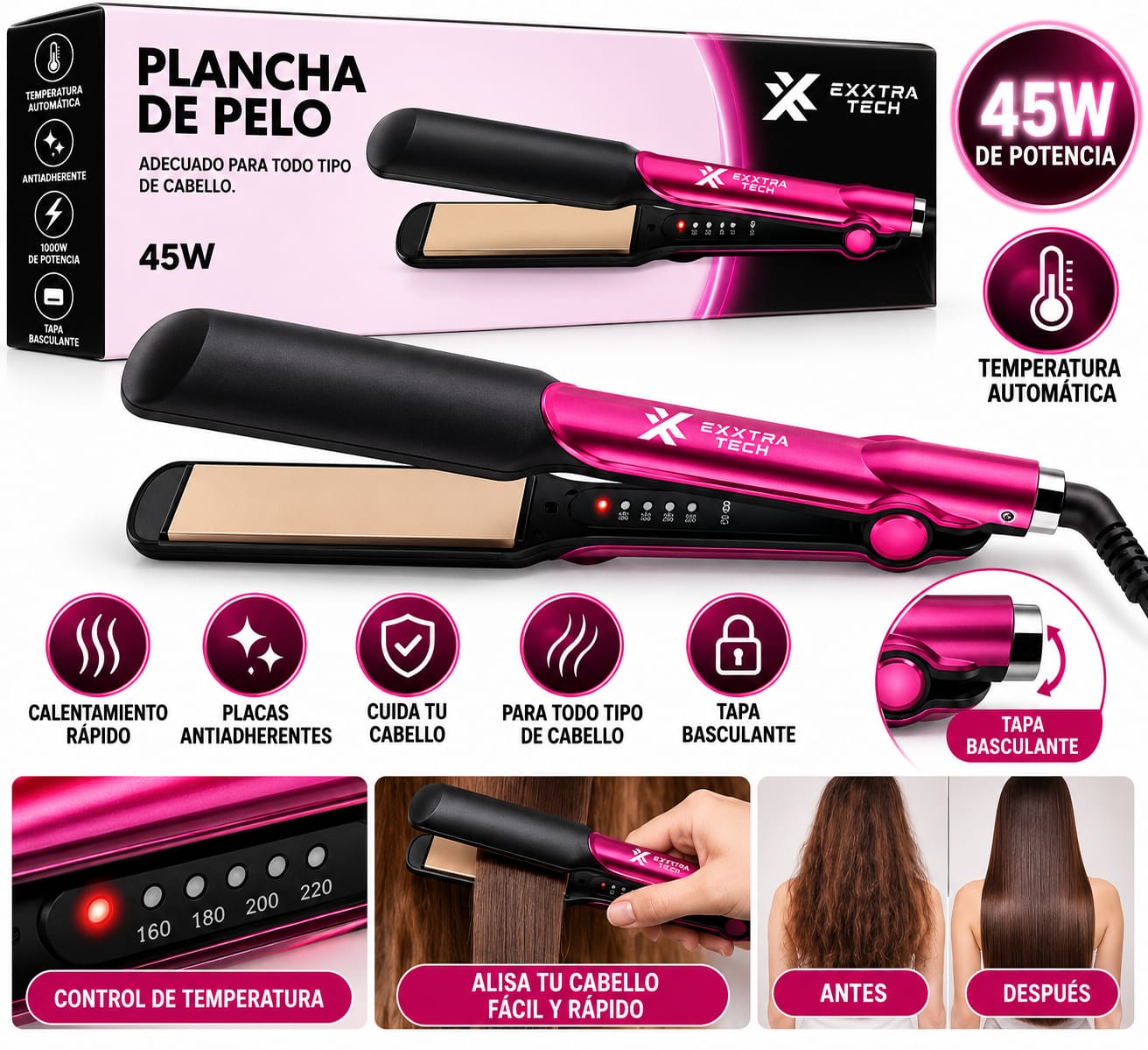 Plancha De Cabello Exxtra Tech Profesional Alisado Rápido Y Seguro NHS-871