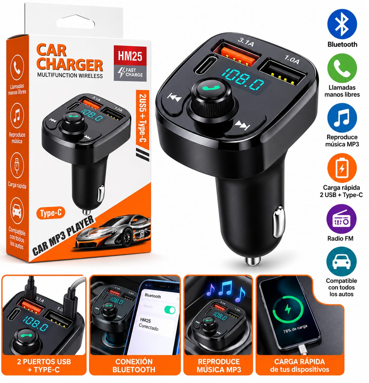 Transmisor Bluetooth Para Auto Fm Mp3 Carga Rápida Tipo C HM25 CR-210