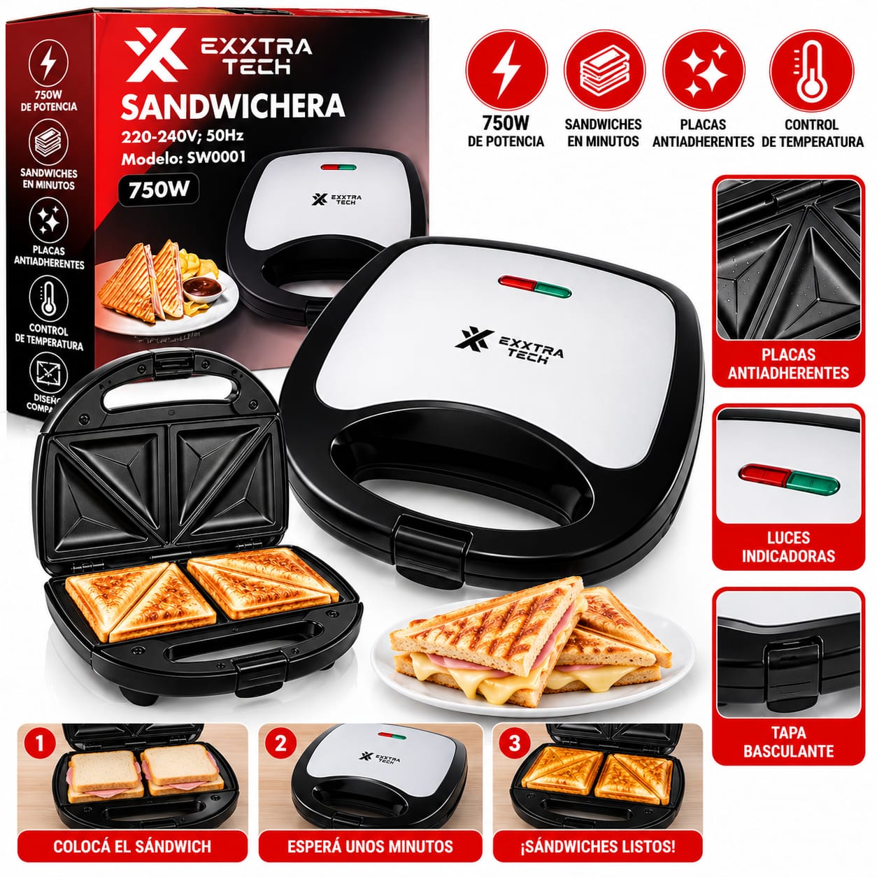 Sandwichera Eléctrica Exxtra Tech SW0001 750W Antiadherente