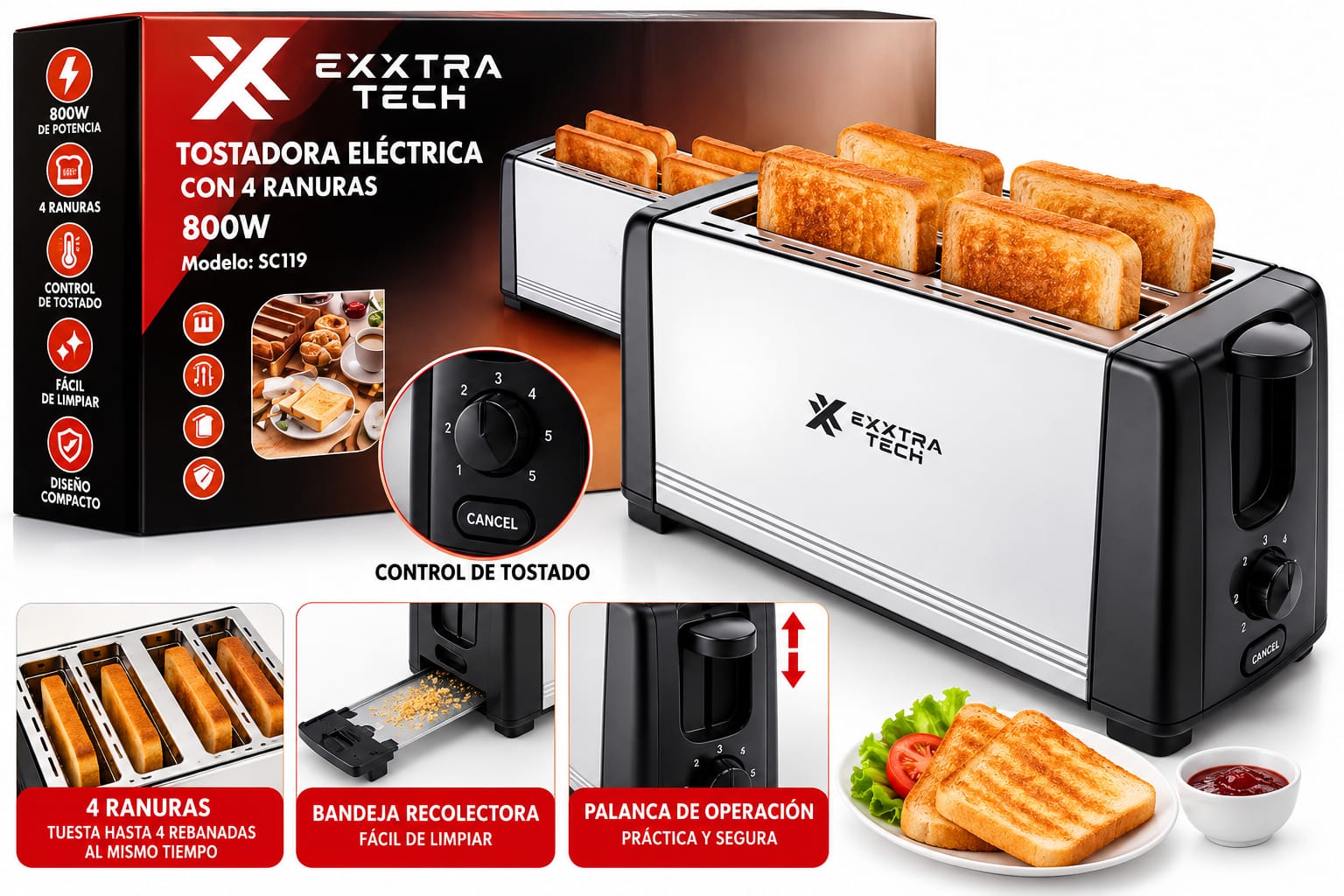 Tostadora Eléctrica 4 Ranuras Exxtra Tech 800W Regulable SC119
