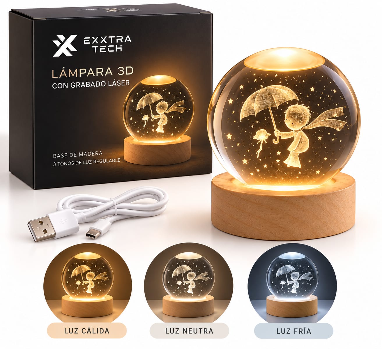 Lámpara 3D Esfera De Cristal Grabado Láser Base Madera Recargable XX0119