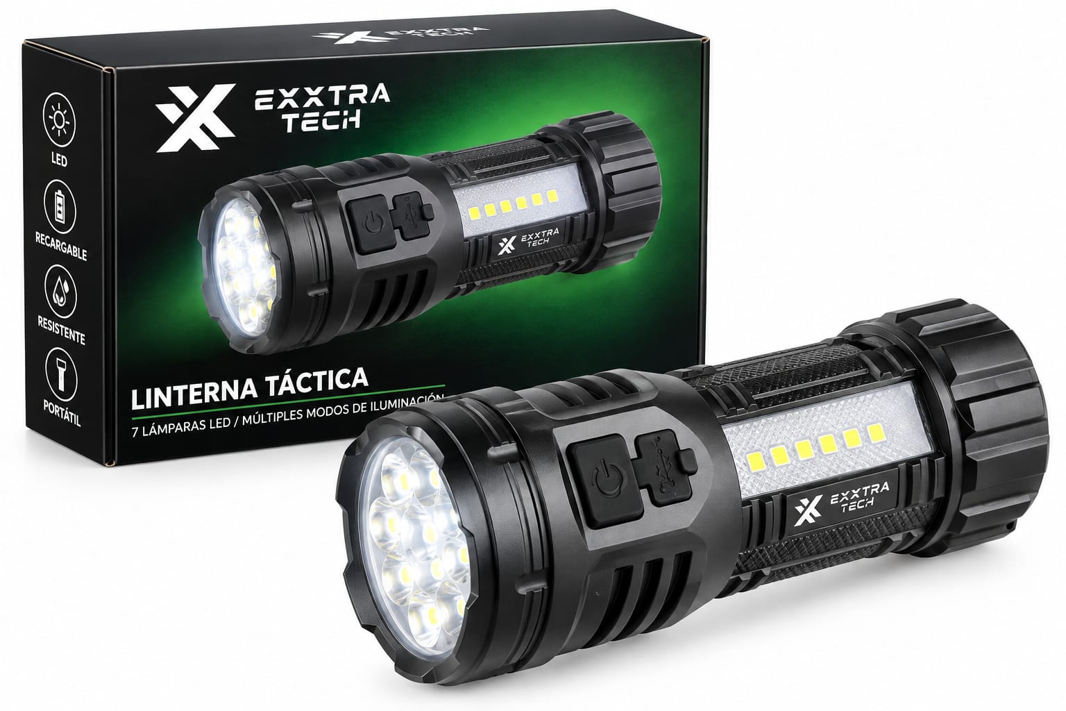 Linterna Táctica Exxtra Tech Recargable 9 Lámparas Led XX0052